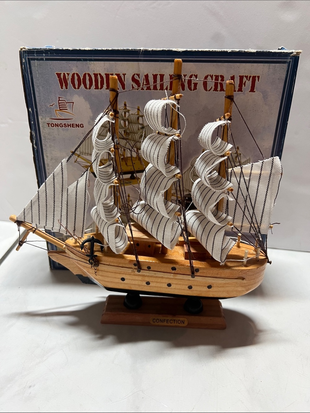 Wooden Sailing Ship Model in Natural Wood and White